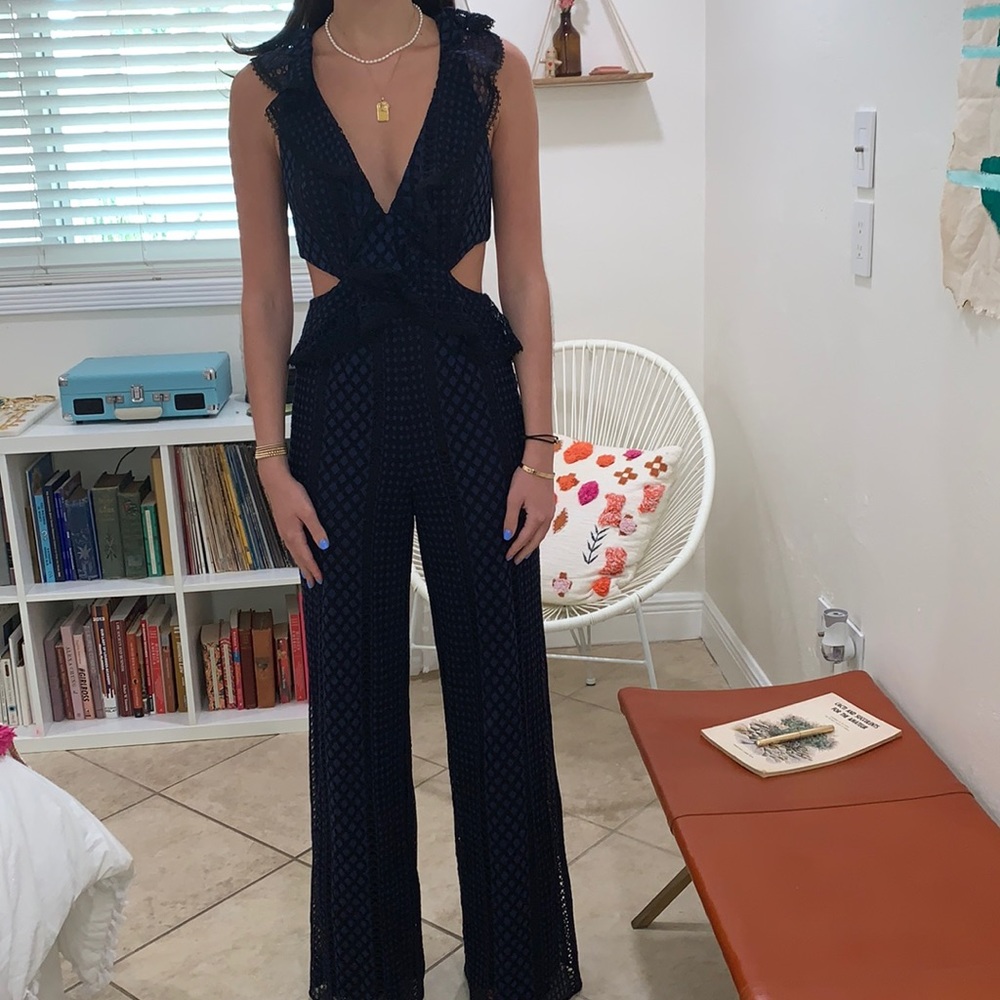 Jay Godfrey Blue & Black Lace Jumpsuit (Size 4)